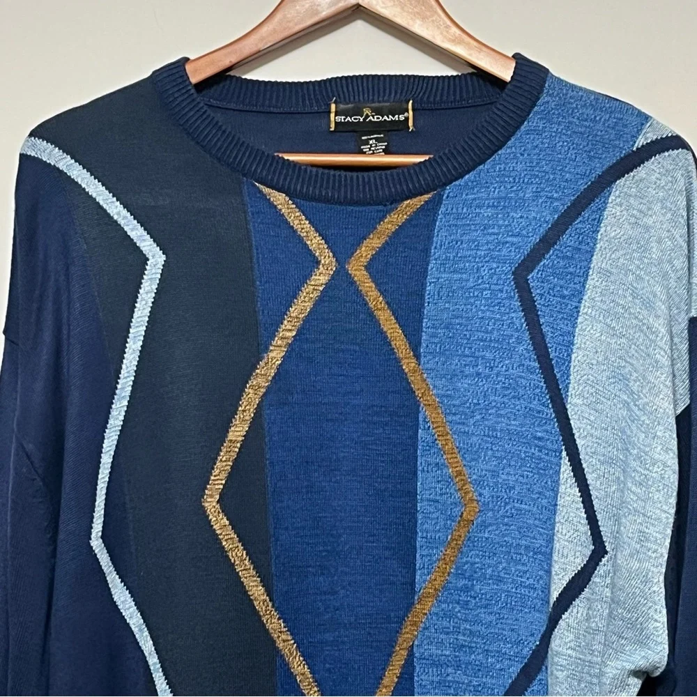 STACY ADAMS Knit Sweater Mens XL Abstract Retro Hip Hop Long Sleeve Blue Multi